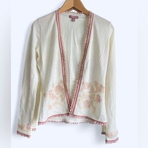 Moiselle Womens Pink White Embroidered Floral Wool Cottagecore Cardigan 2